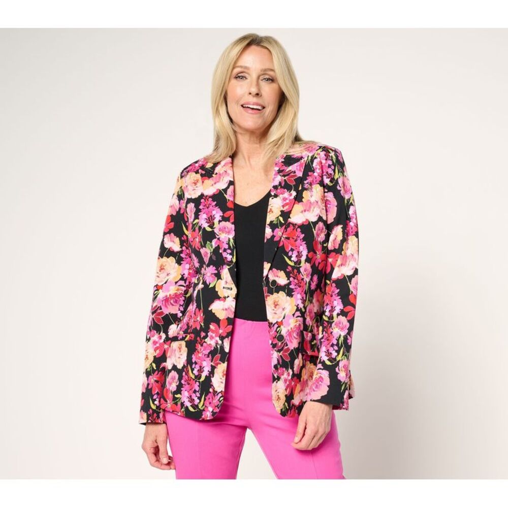 Isaac Mizrahi Live! Women's Jacket Sz 16 Floral Printed Blazer DARK BEIGE